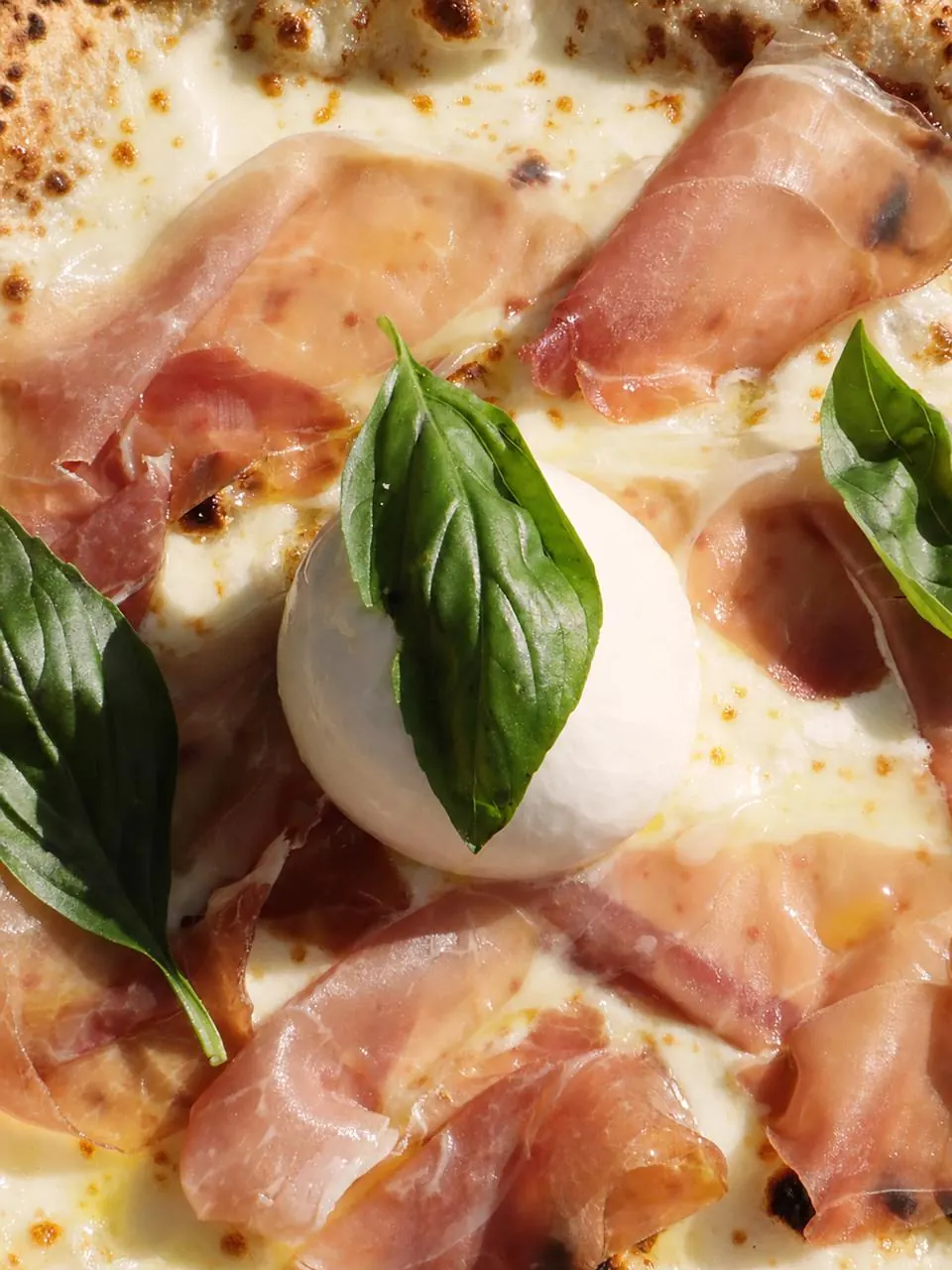 Pizza blanche vue de dessus : jambon cru de Parme, burrata et feuilles de basilic